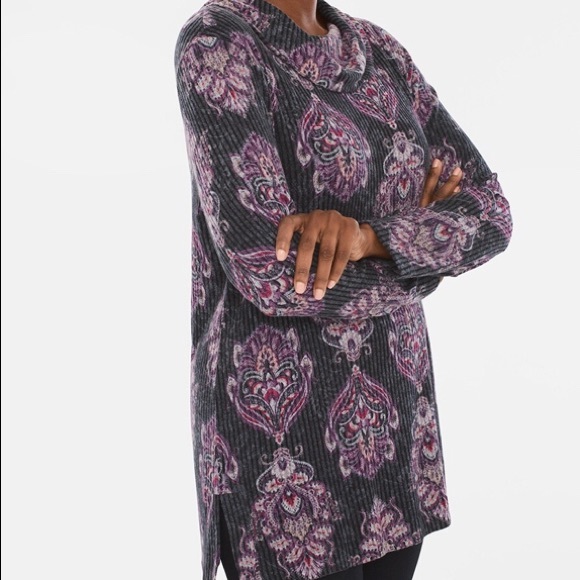 Chico’s Zenergy Cozy Medallion-Print Cowl-Neck Tunic Gray Size 3 - Picture 2 of 6